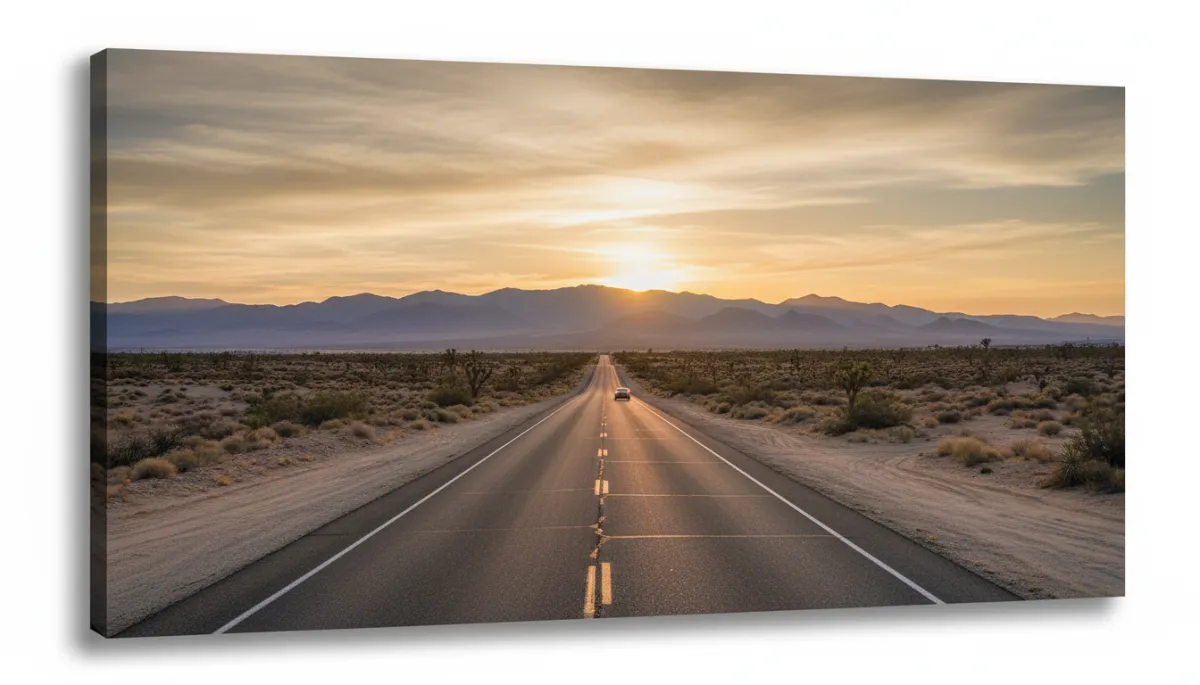 Sunset desert road near Las Vegas with soft golden light and open space