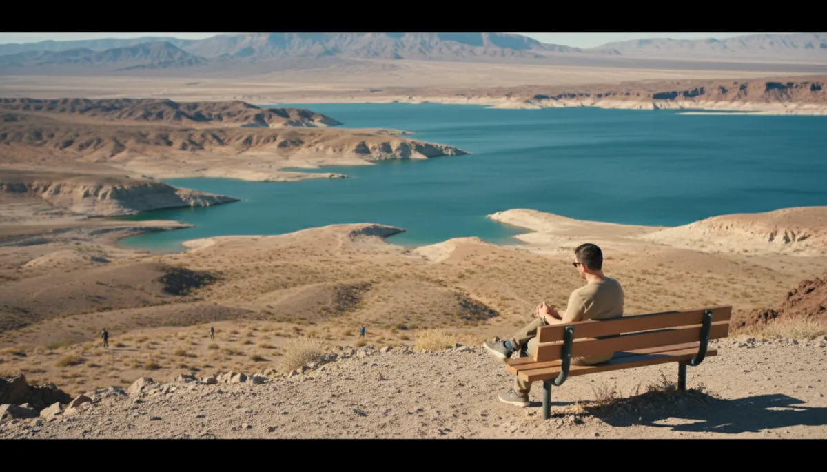 Person sitting on a bench overlooking the calm waters of Lake Mead