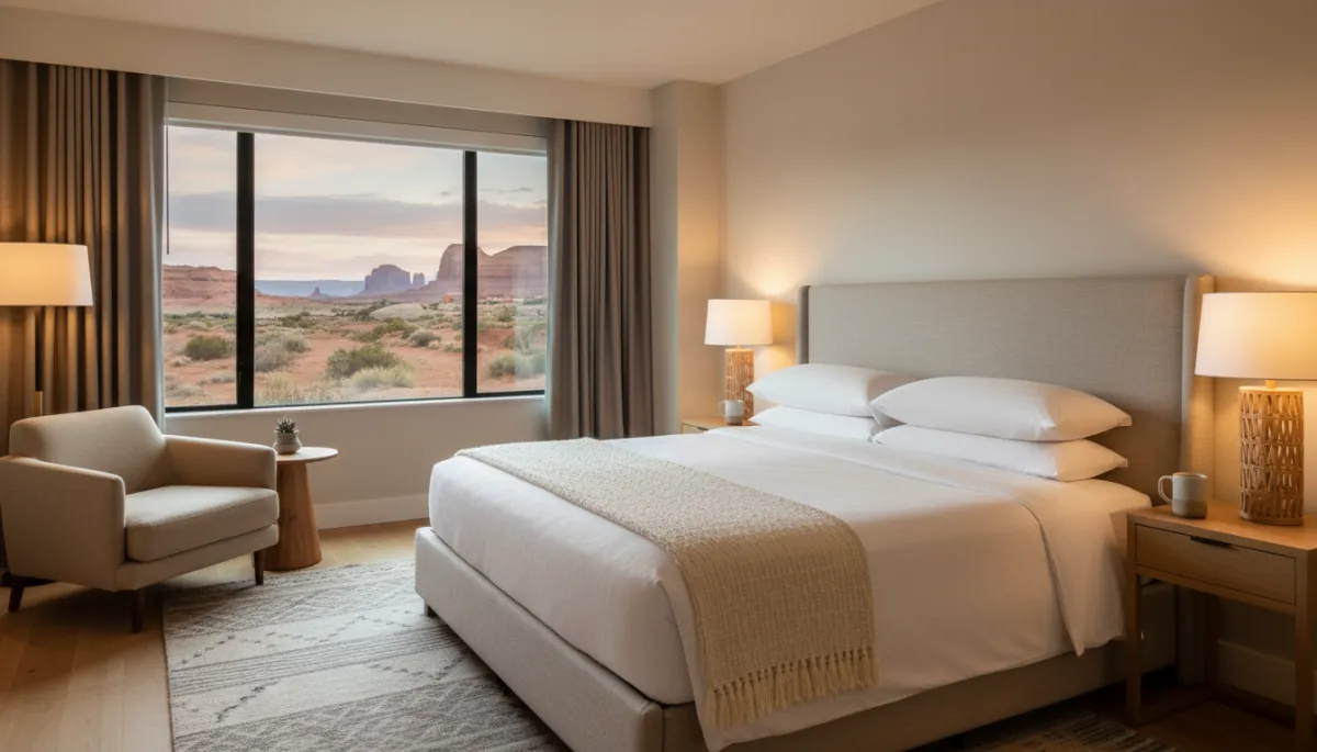 Modern hotel room with warm lighting and a calm, welcoming feel