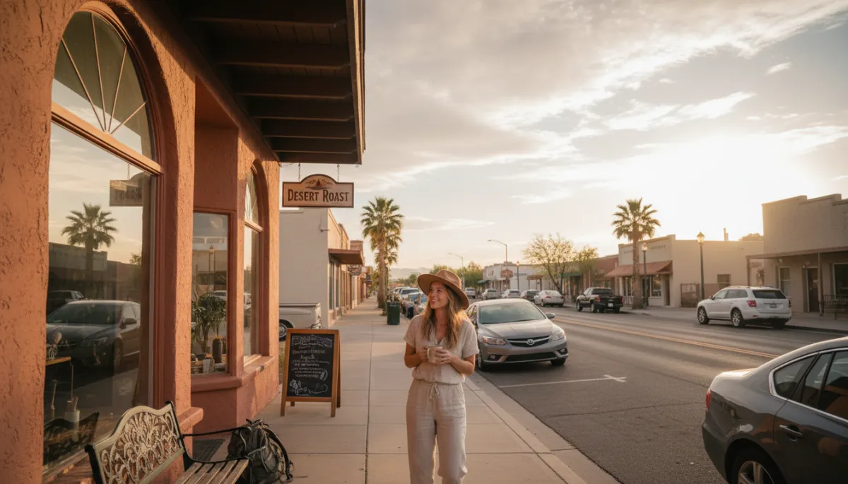 Relaxed traveler outside a coffee shop on a quiet Boulder City street