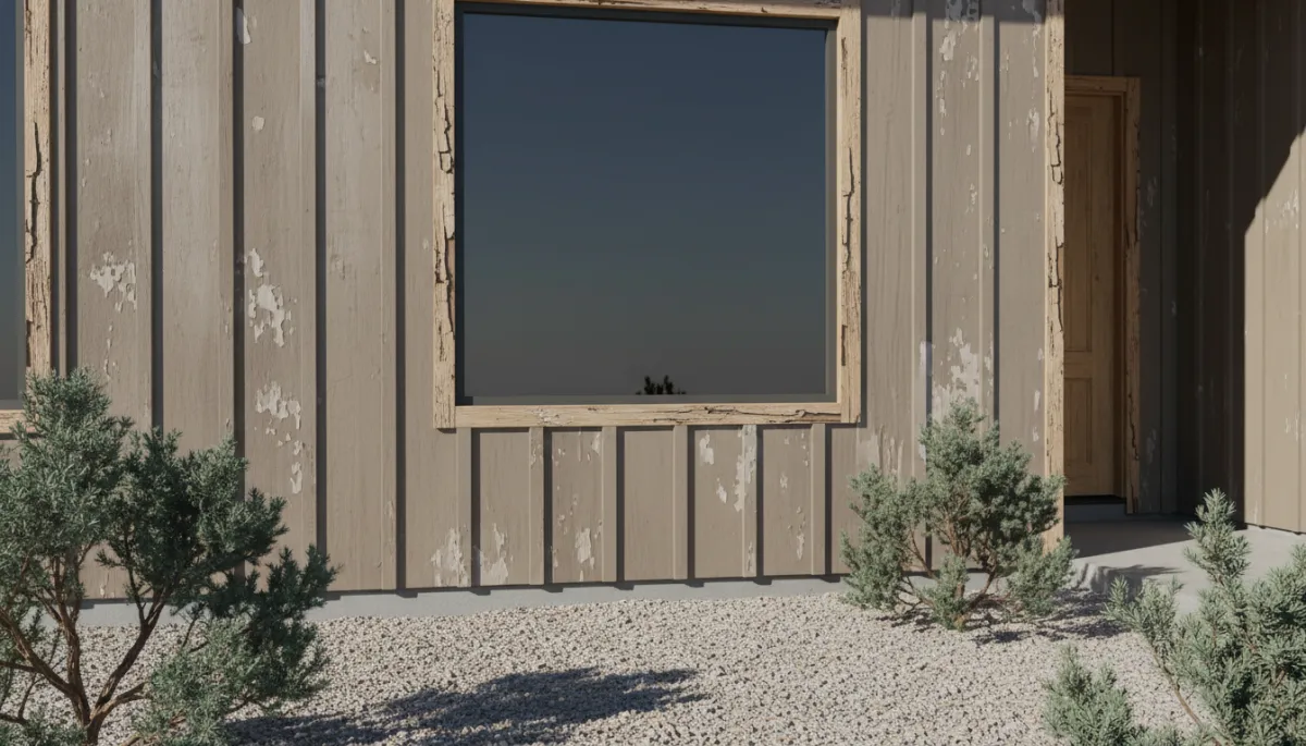 Close up of high desert home exterior showing sun worn paint and trim Close up of high desert home exterior showing sun worn paint and trim