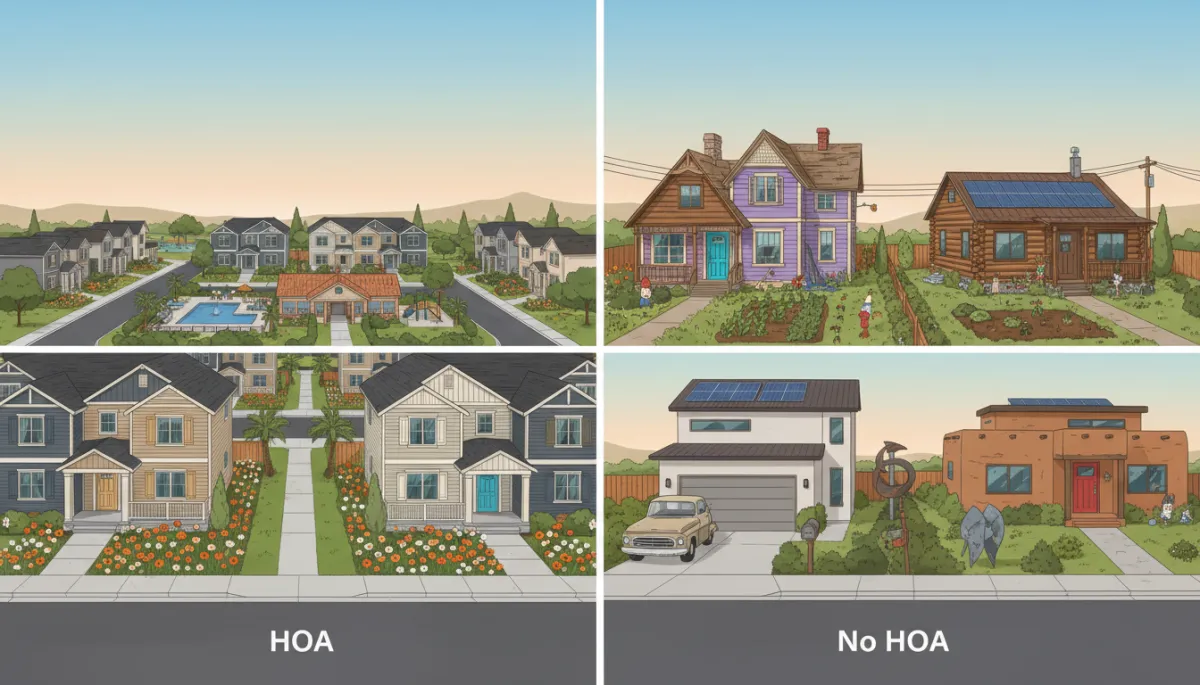 There needs to be at least one image [Brand guidelines: use brand color palette #ef6c14, #E0A781, #1C3454, #717A91]. Context: This is for a blog post about "HOA vs. No HOA: How to Decide What Is Right for Your Redmond Home Search". Style: Professional quality, photorealistic, high resolution