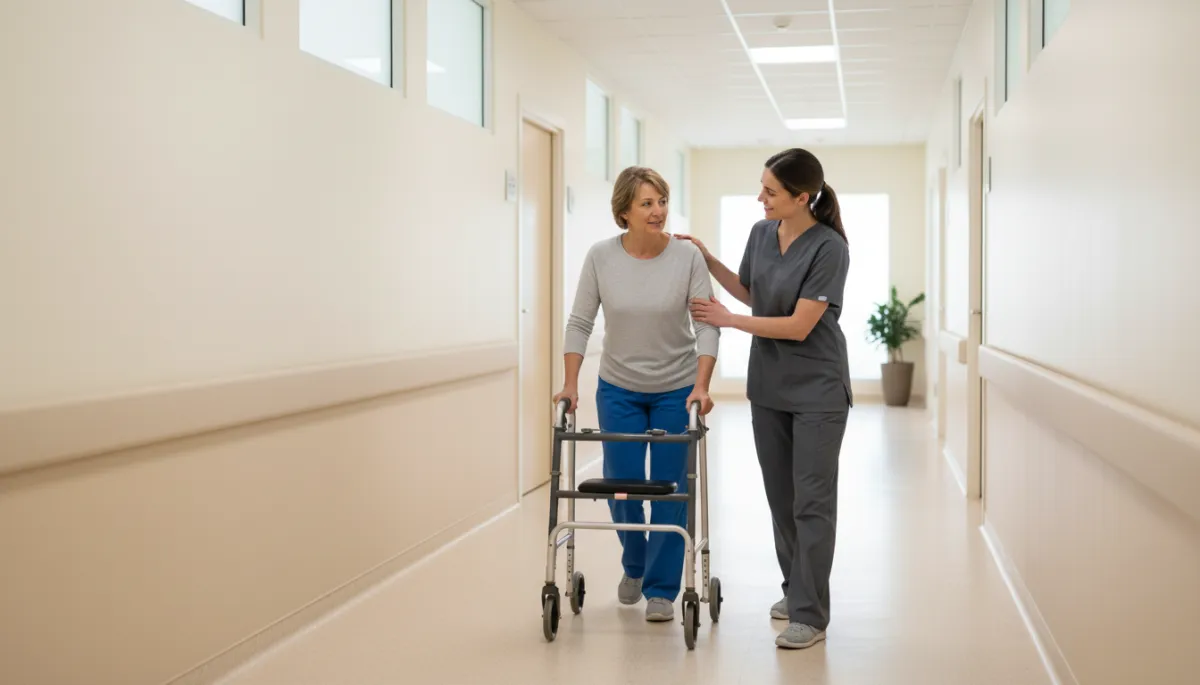 Physical therapist encouraging a woman as she practices walking with support