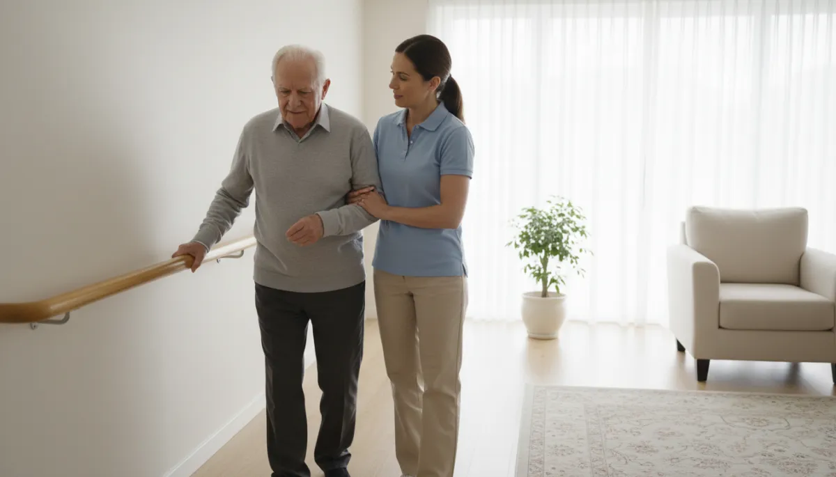 In-home caregiver helping an older adult with Alzheimer’s move safely