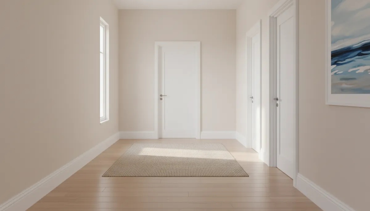 Neutral coastal hallway with eggshell walls and crisp white semi-gloss trim