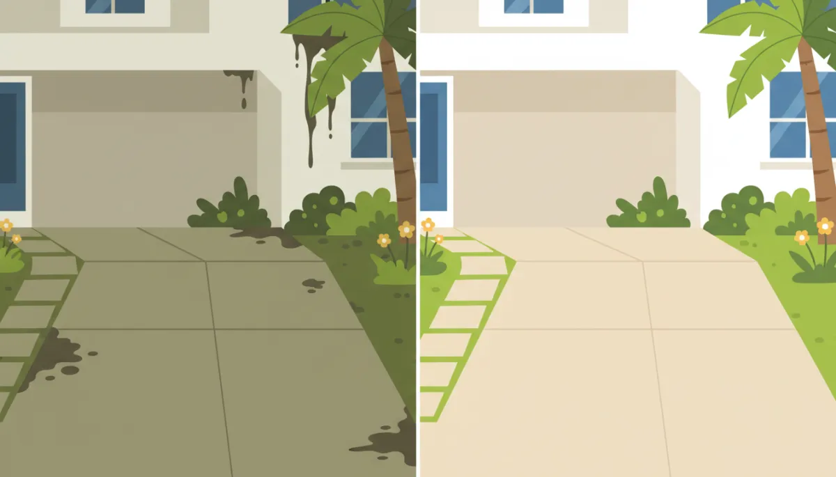 Before and after comparison of a coastal home driveway after professional pressure washing