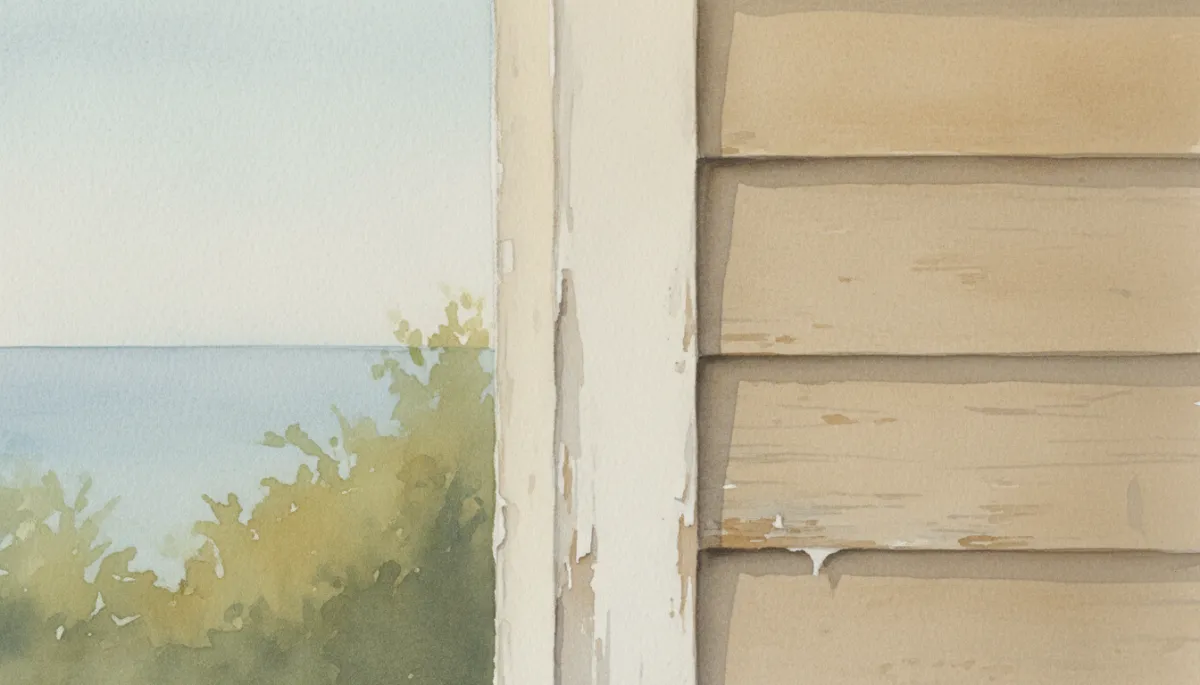 Close-up of coastal home exterior paint showing wear and early peeling