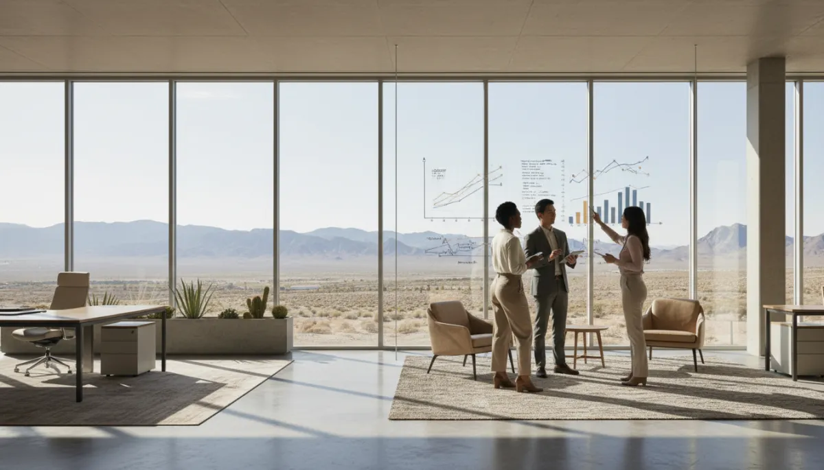 Executive team in Nevada office reviewing business strategy