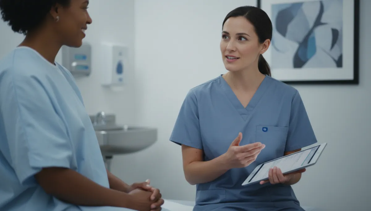 Healthcare professional reviewing a patient chart while discussing care options Healthcare professional reviewing a patient chart while discussing care options