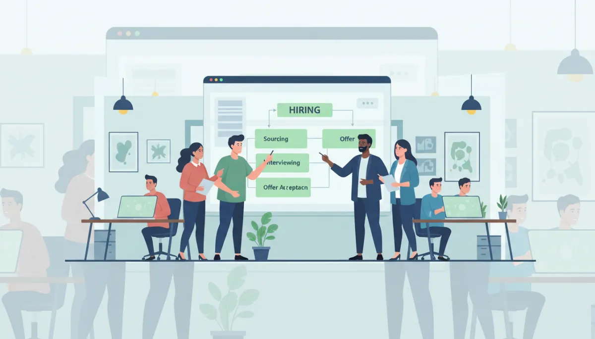 Founding team and head of engineering reviewing a clear hiring funnel dashboard on a large screen, with stages from sourcing to offer acceptance highlighted in green, modern startup office with laptops open and focused expressions
