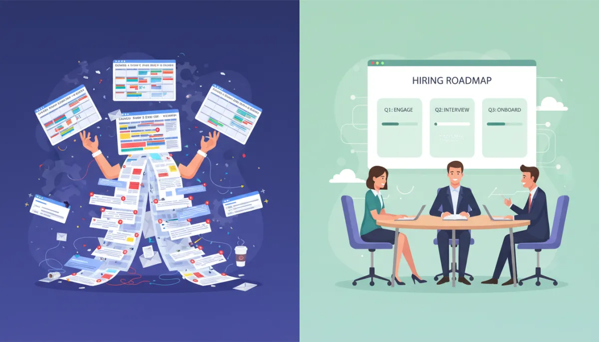 Split-screen comparison of two startups, one side showing chaotic calendars and overflowing inboxes, the other side showing a calm leadership meeting with a concise hiring roadmap displayed on a screen