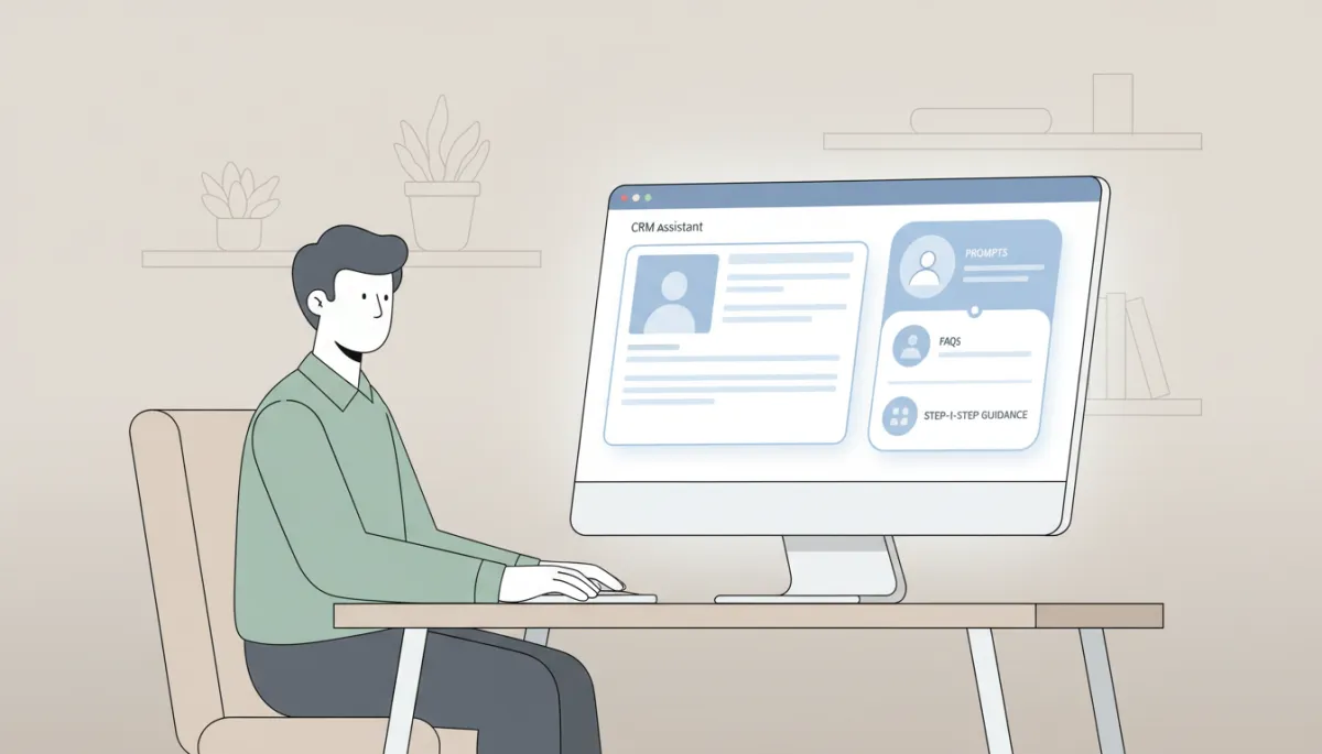 Employee using a CRM system with an embedded AI assistant for adoption support
