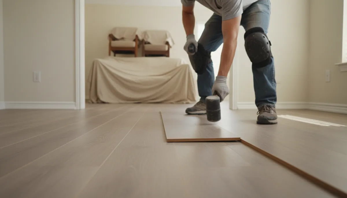 Professional flooring installer laying new planks in a Texas home