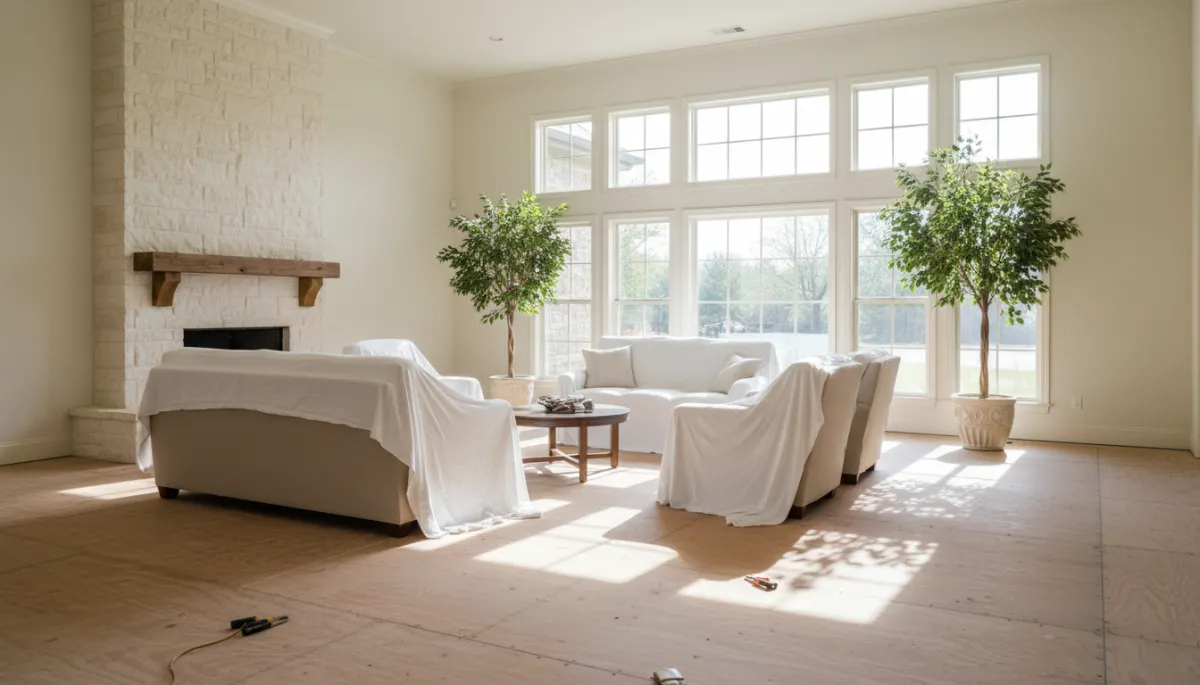 photorealistic wide shot of a bright Texas living room in a Whitney style ranch home, furniture neatly moved away from walls, subfloor exposed and ready for new flooring, neutral color palette with soft beige and warm white tones, sunlight streaming through large windows