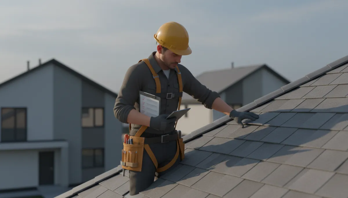 Professional roofer inspecting shingles and flashing on a residential roof