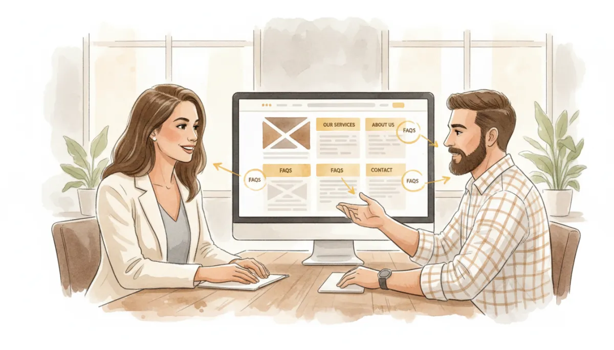 Consultant helping a local business owner structure website content for AI Overviews
