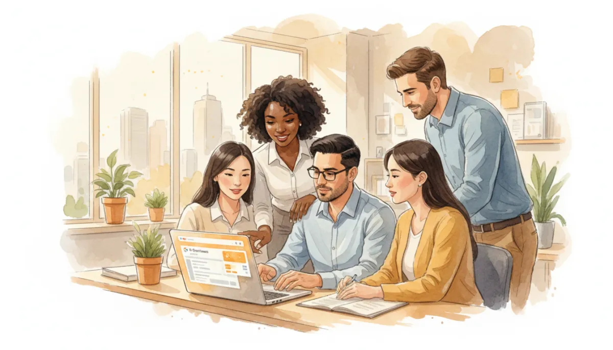 professional neutral-toned photo of a diverse group of small business owners in Henry County and Greater Atlanta gathered around a laptop, reviewing Google search results with AI Overviews highlighted on the screen, bright office setting, confident expressions