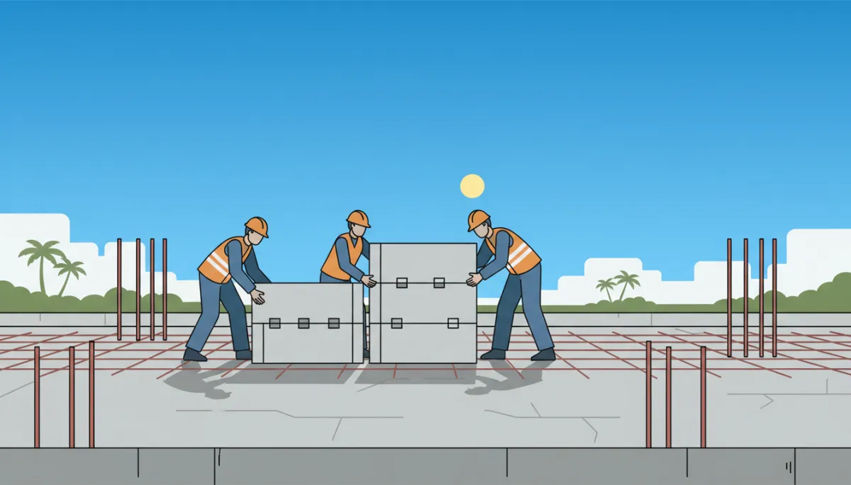 Construction crew stacking insulated concrete form blocks on a slab foundation Construction crew stacking insulated concrete form blocks on a slab foundation