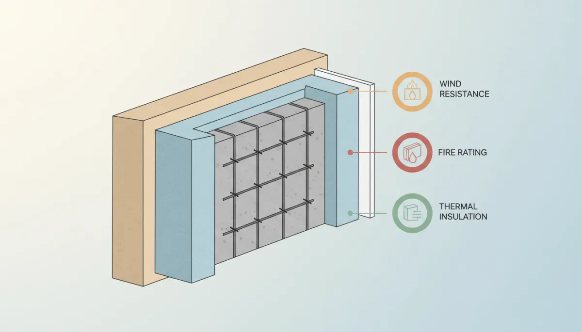 Cutaway of an insulated concrete form wall showing structure and insulation layers Cutaway of an insulated concrete form wall showing structure and insulation layers