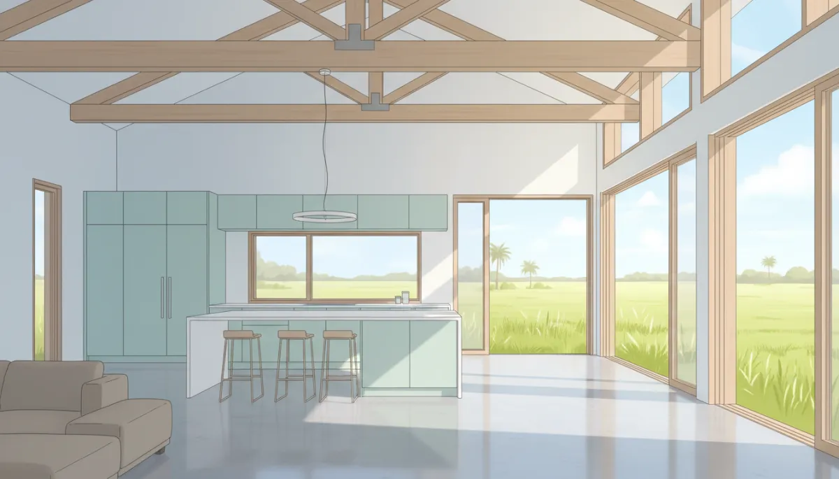 Open-concept ICF barndominium interior with great room and kitchen
