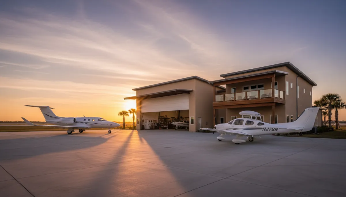 Completed ICF hangar home in a Florida fly in community with aircraft parked on the apron Completed ICF hangar home in a Florida fly in community with aircraft parked on the apron