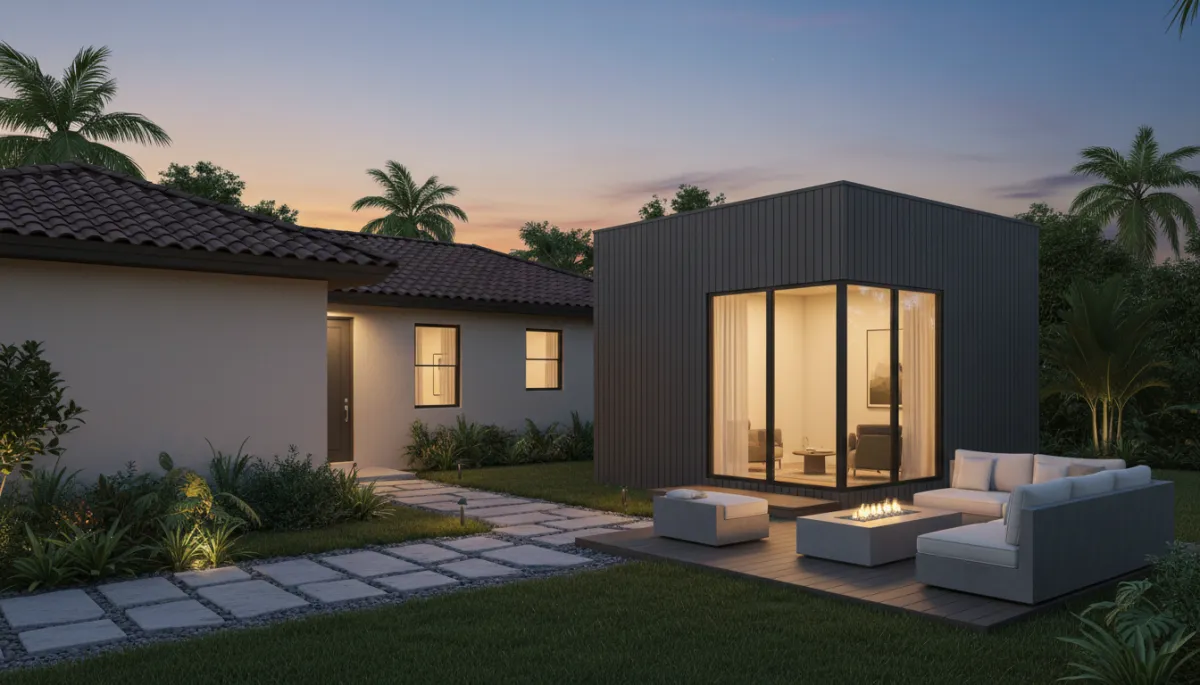 Completed detached guest house accessory dwelling unit beside main Florida home