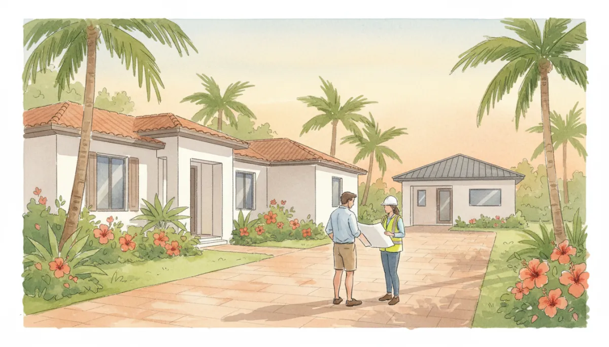 Florida homeowner reviewing ADU plans with a builder on site Florida homeowner reviewing ADU plans with a builder on site