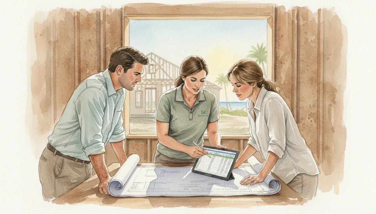 Florida couple reviewing detailed custom home construction budget with builder Florida couple reviewing detailed custom home construction budget with builder