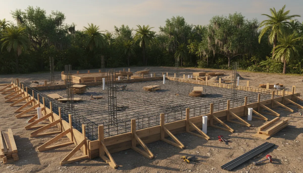 Concrete foundation and footings being prepared on private Florida land for a new custom home Concrete foundation and footings being prepared on private Florida land for a new custom home