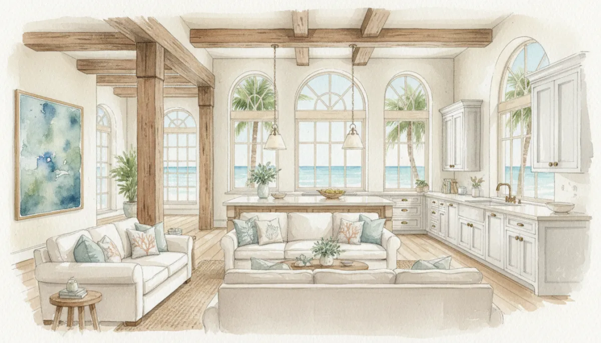 professional interior shot of a bright custom Florida great room with open kitchen large windows and sturdy structural details neutral colors and subtle coastal accents