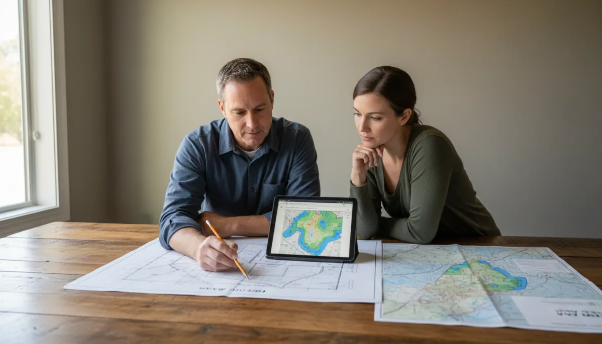 Builder and homeowner reviewing Florida flood maps and site plan together Builder and homeowner reviewing Florida flood maps and site plan together