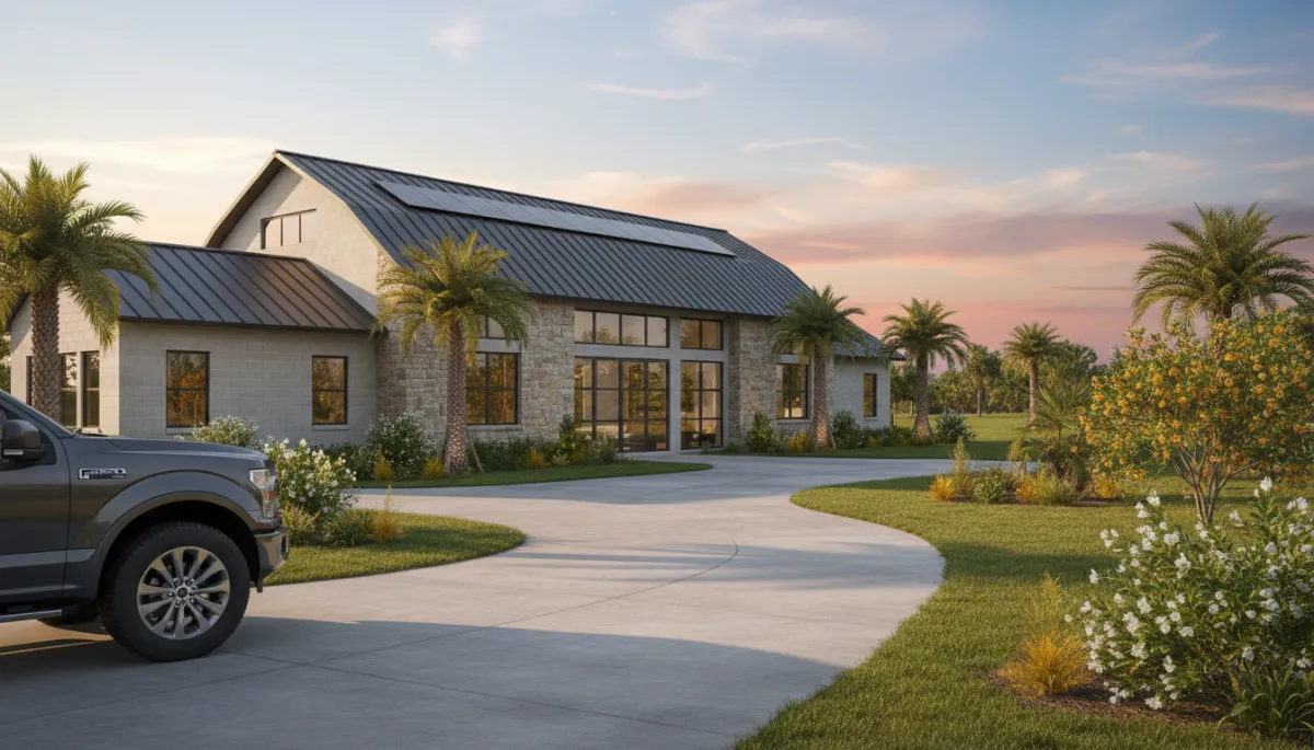 Modern barndominium blending metal and masonry finishes on a Florida lot