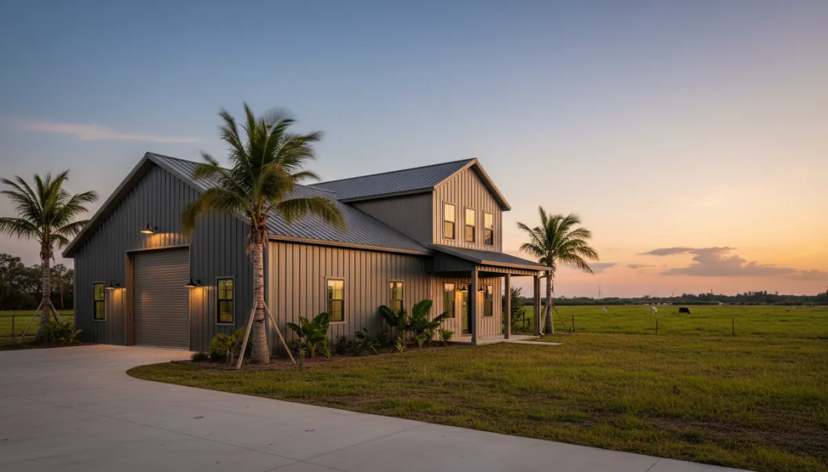 Completed steel barndominium in Florida with shop and living space