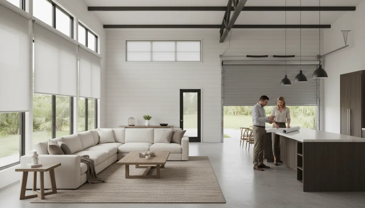 Interior of a Florida barndominium with open-concept living and access to shop