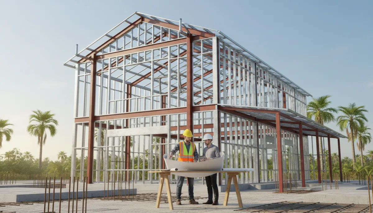 professional ground-level view of a neutral modern Florida barndominium under construction with steel frame partially erected, a contractor and lender reviewing plans on-site