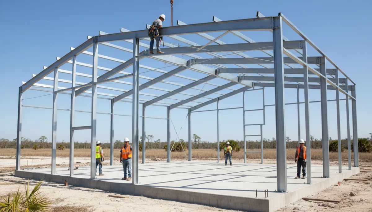 professional ground-level view of a barndominium steel frame being erected on a Florida slab foundation, small crew working safely under clear skies, neutral color tones professional ground-level view of a barndominium steel frame being erected on a Florida slab foundation, small crew working safely under clear skies, neutral color tones