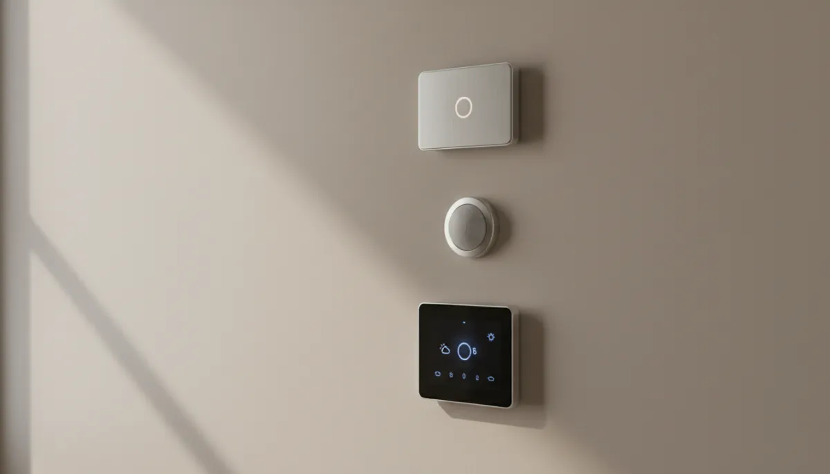 Smart switches and motion sensors installed on a hallway wall