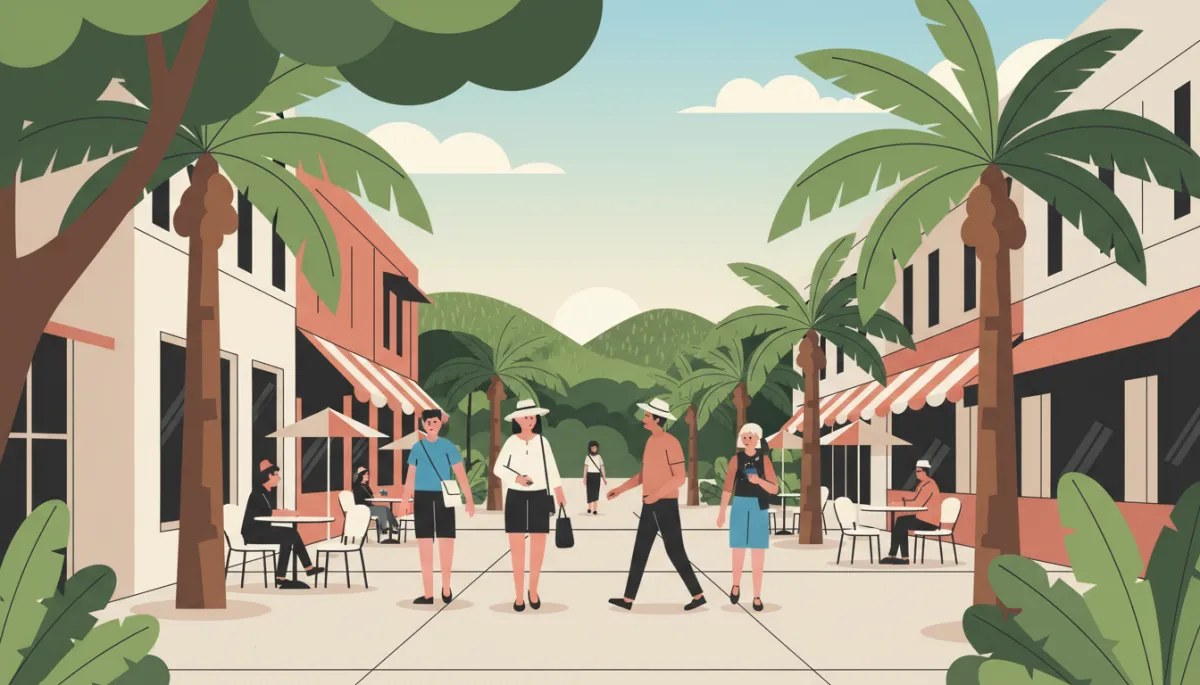 Professional street view of central Cairns with cafes, pedestrians, and tropical trees Professional street view of central Cairns with cafes, pedestrians, and tropical trees