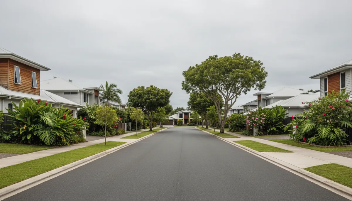Residential street in a Cairns suburb with modern homes and tropical landscaping Residential street in a Cairns suburb with modern homes and tropical landscaping