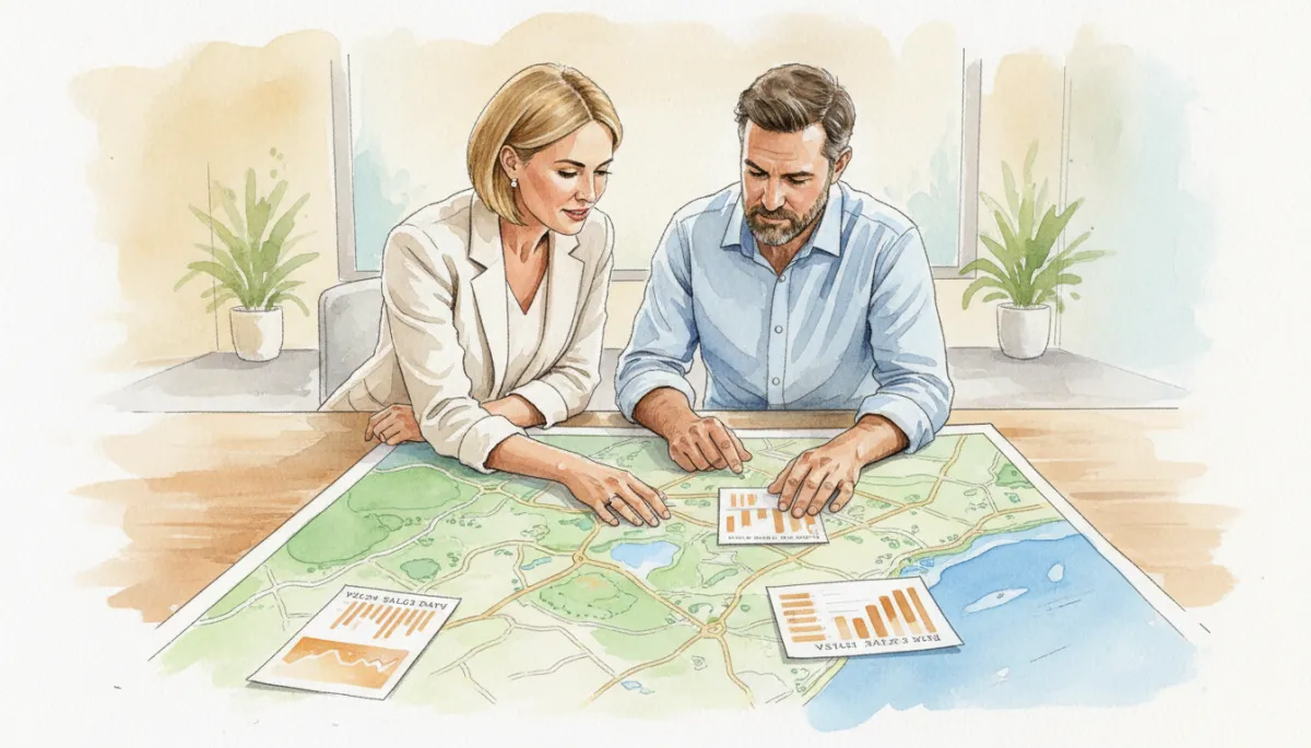 Buyers agent and client reviewing Cairns suburb data and maps Buyers agent and client reviewing Cairns suburb data and maps