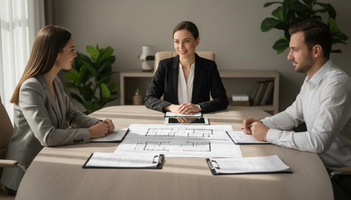 Buyer couple discussing an offer with a real estate sales agent in a neutral-toned office