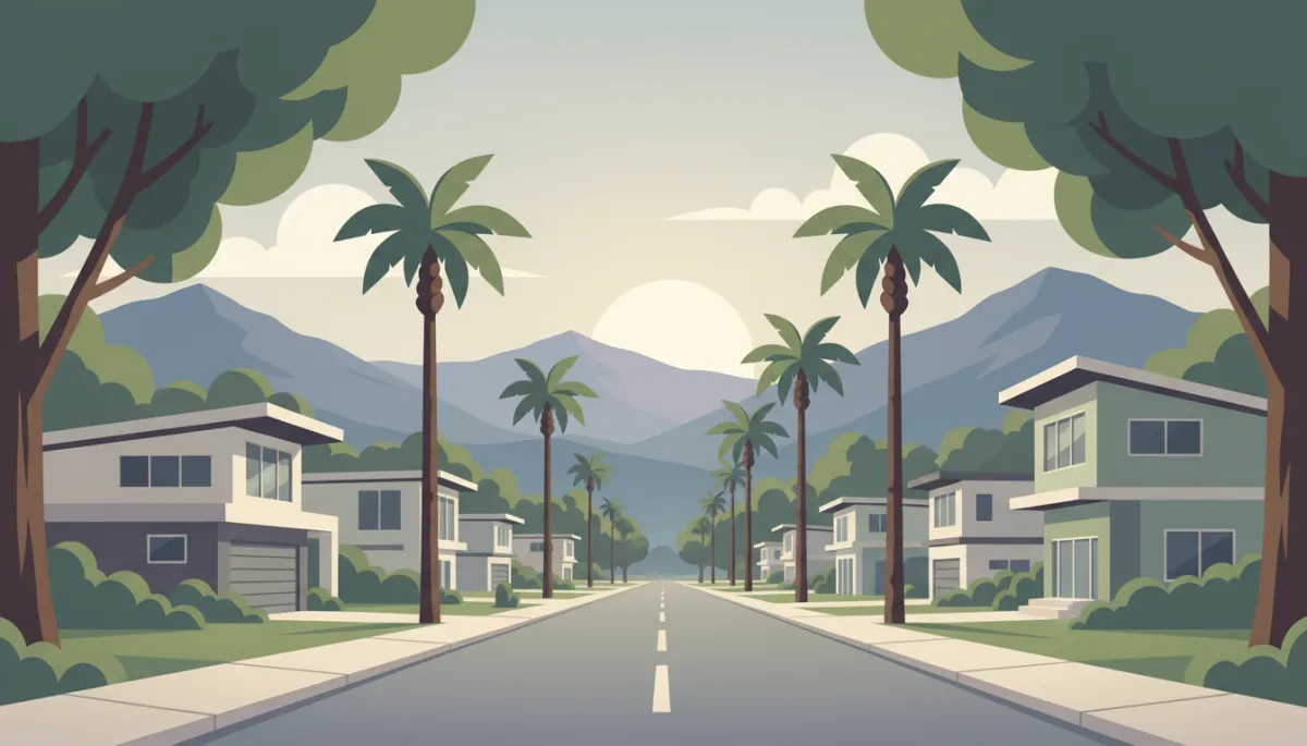 Leafy residential street with houses and mountain backdrop in Cairns Leafy residential street with houses and mountain backdrop in Cairns