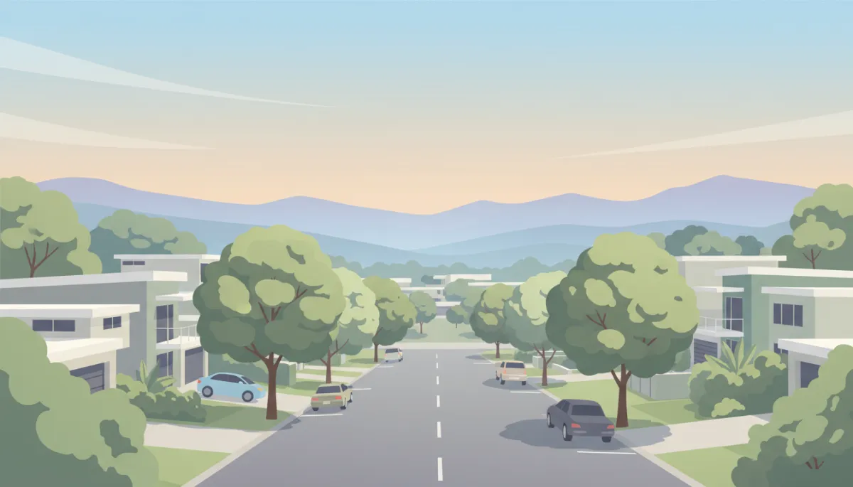 Leafy Cairns suburban street with modern family homes and distant hills Leafy Cairns suburban street with modern family homes and distant hills
