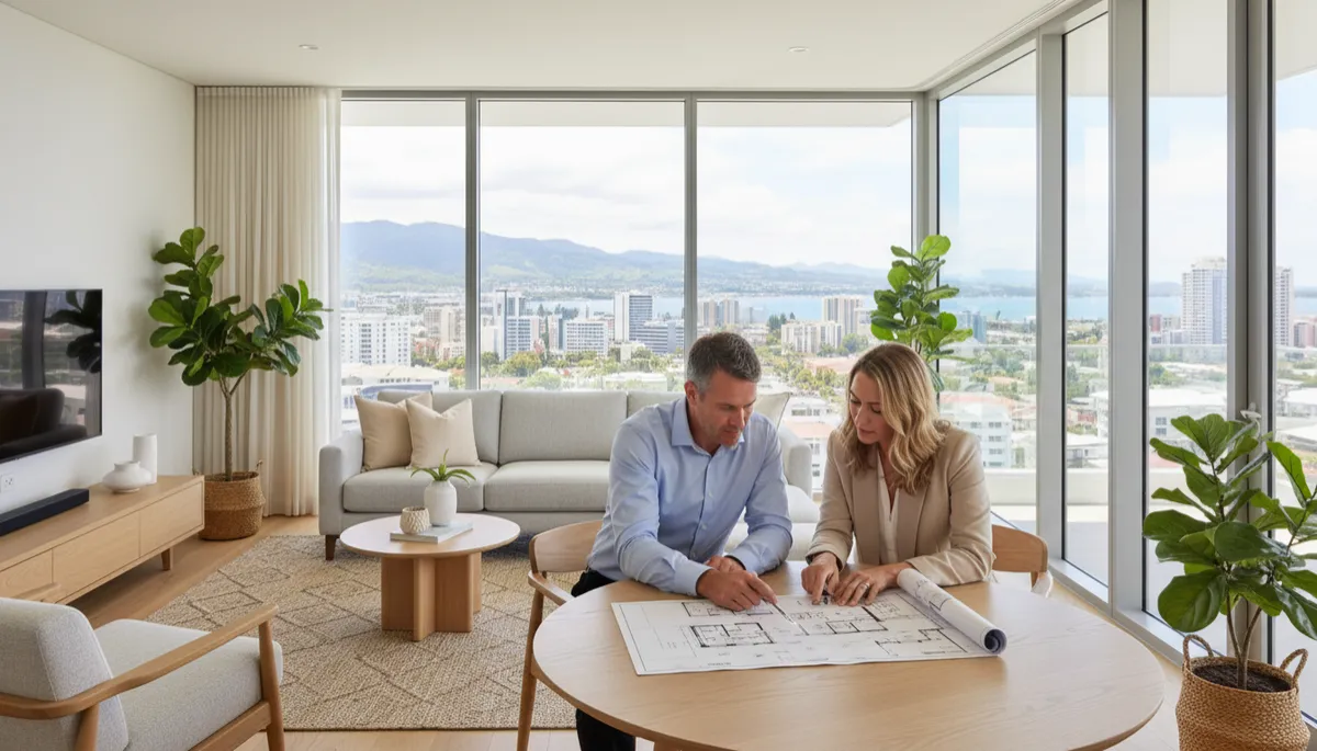 professional interior shot of a modern Cairns investment property living room with neutral decor, large windows and city views, investor and agent reviewing floorplan documents at a dining table