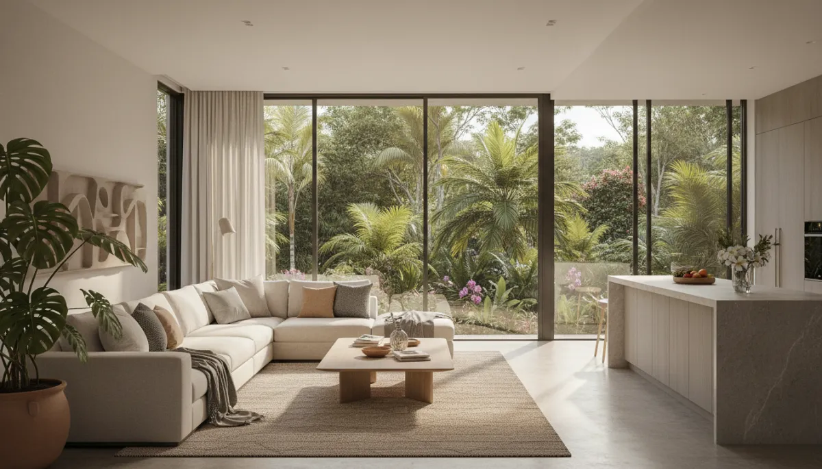 Modern open-plan Cairns home interior with neutral decor and greenery outside