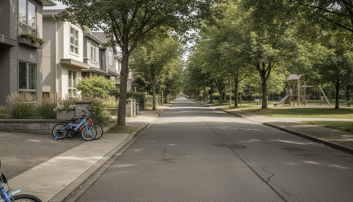 professional street-level view of quiet leafy residential street with modern family homes, children’s bikes in a driveway and a nearby park in neutral tones professional street-level view of quiet leafy residential street with modern family homes, children’s bikes in a driveway and a nearby park in neutral tones