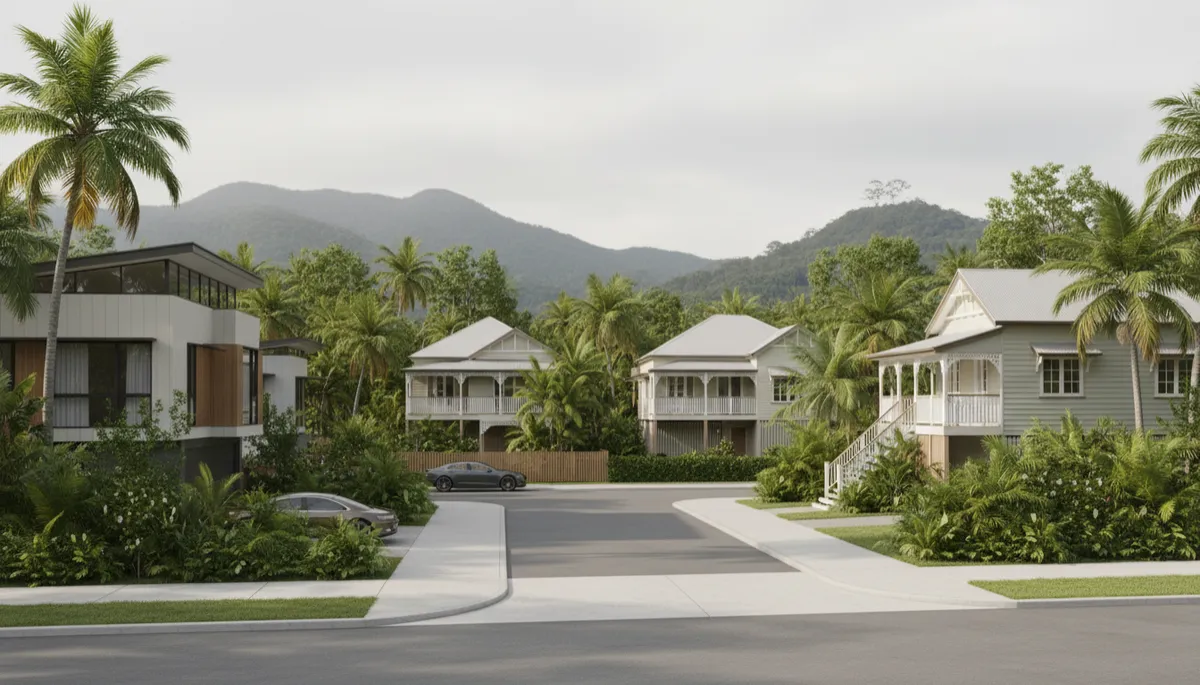 Leafy residential street in a Cairns suburb with mountains in the background Leafy residential street in a Cairns suburb with mountains in the background