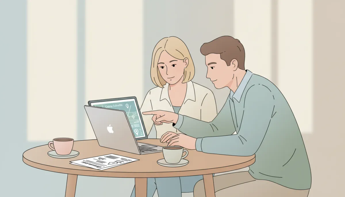 Buyers agent and client reviewing Cairns property market data on a laptop