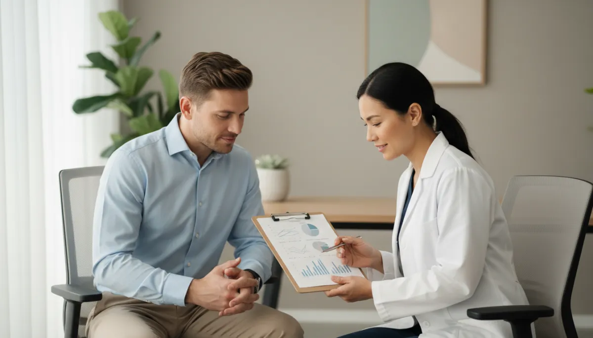 Man in his 30s consulting with a clinician about erectile dysfunction evaluation and treatment Man in his 30s consulting with a clinician about erectile dysfunction evaluation and treatment