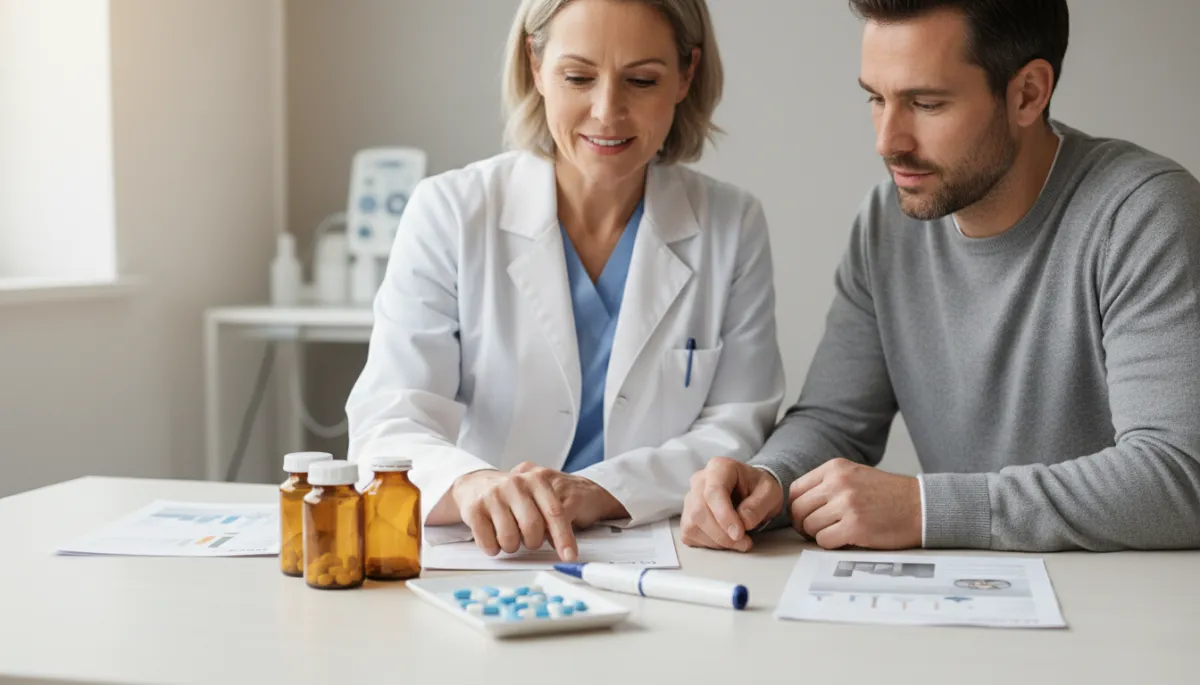 Healthcare professional reviewing oral and injectable erectile dysfunction medication options with a patient Healthcare professional reviewing oral and injectable erectile dysfunction medication options with a patient